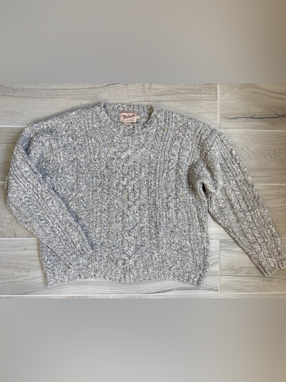 Vintage Woolrich Mens Large Donegal Cable Knit Wool Sweater Gray Drop Shoulder